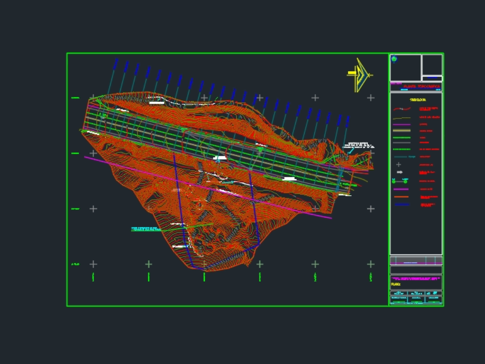 Planta topográfica em software AutoCAD com curvas de nível, perfis e eixos projetados, representando levantamento planialtimétrico detalhado de área para obra de engenharia civil.