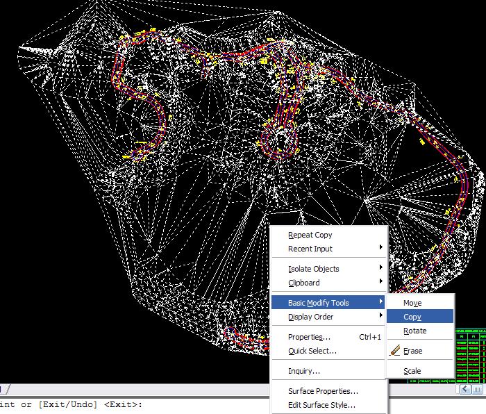 Modelo digital de terreno gerado no AutoCAD Civil 3D com malha triangular irregular (TIN), utilizado em levantamentos topográficos para análise e modelagem do relevo.